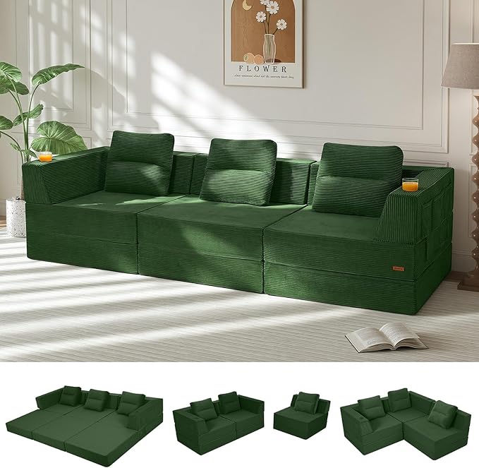 COMAX Futon Sofa Bed 3 Seater, 4 in 1 Folding Boneless Sleeper Corduroy Couch by COMAX