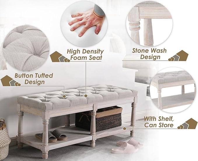 Farmhouse Storage Bench Wooden Entryway Upholstered Tufted Ottoman Bench - Image 4