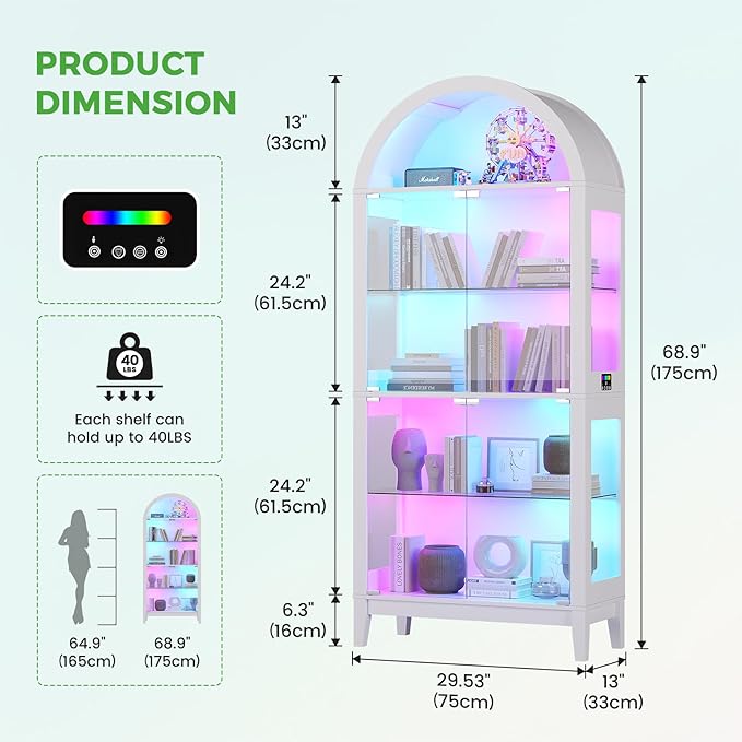HNEBC Arched Book Shelf with Glass Doors, LED Bookcase with RGB Lights - Image 2