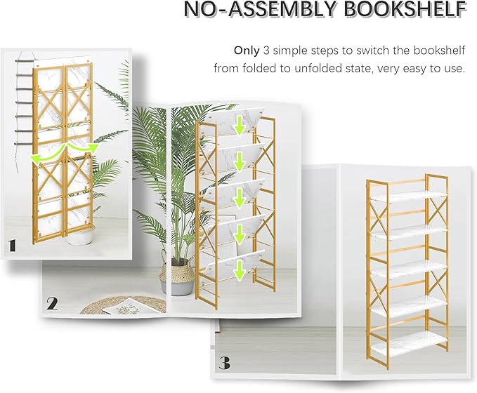 4NM 5 Tiers No Assembly Book Shelves, 51.2" H Folding Bookshelf Bookcase Open - Image 6