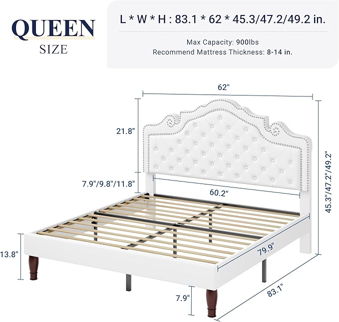 Allewie Queen Bed Frame with Adjustable Velvet Tiara Headboard, Upholstered - Image 2