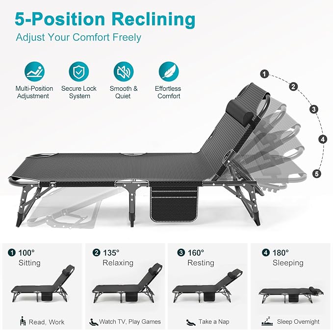 ABORON 2PK Heavy Duty Tanning Chair, 5-Gear Outdoor Folding Chaise Lounge Chair - Image 3