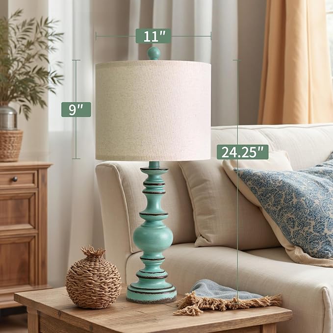 BOBOMOMO 24" Farmhouse Table Lamps Set of 2 – Distressed Teal Lamps - Image 5