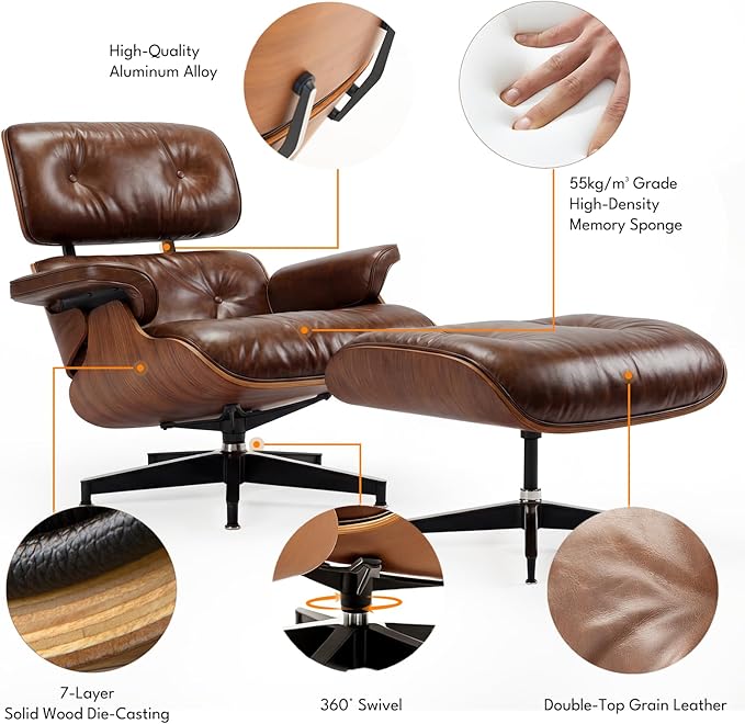 Top Grain Leather, Mid Century Chaise Lounge Chair and Ottoman, Reading Chair - Image 5