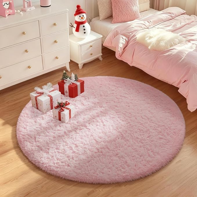 Ophanie Round Rugs 5Ft Pink Circle Area Rug, Fluffy Fuzzy Bedroom Carpet - Image 3