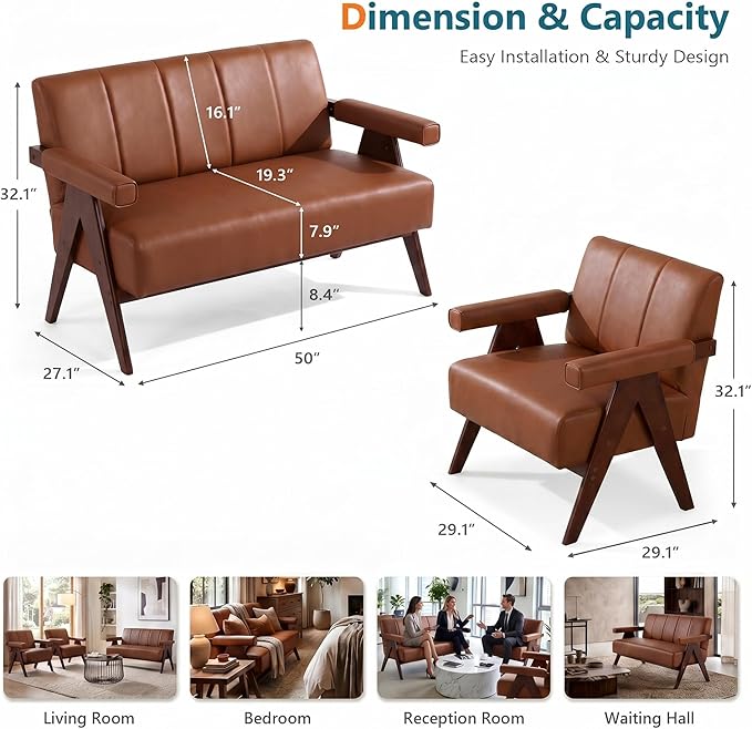 STHOUYN Brown Leather Loveseat Sofa and Accent Chair, Mid-Century Modern Office - Image 8