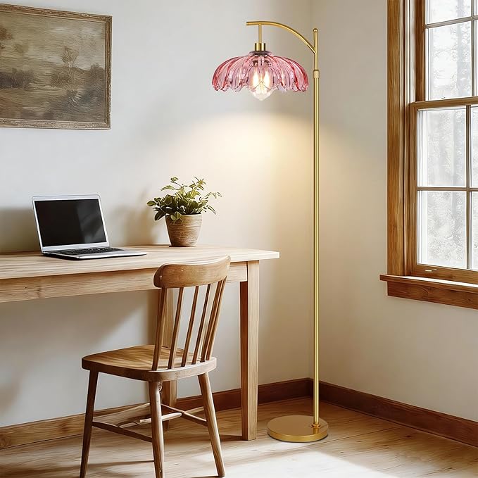QIYIZM Pink Floor Lamp for Living Room, Mid Century Modern Brass Tall Lamp Boho - Image 7