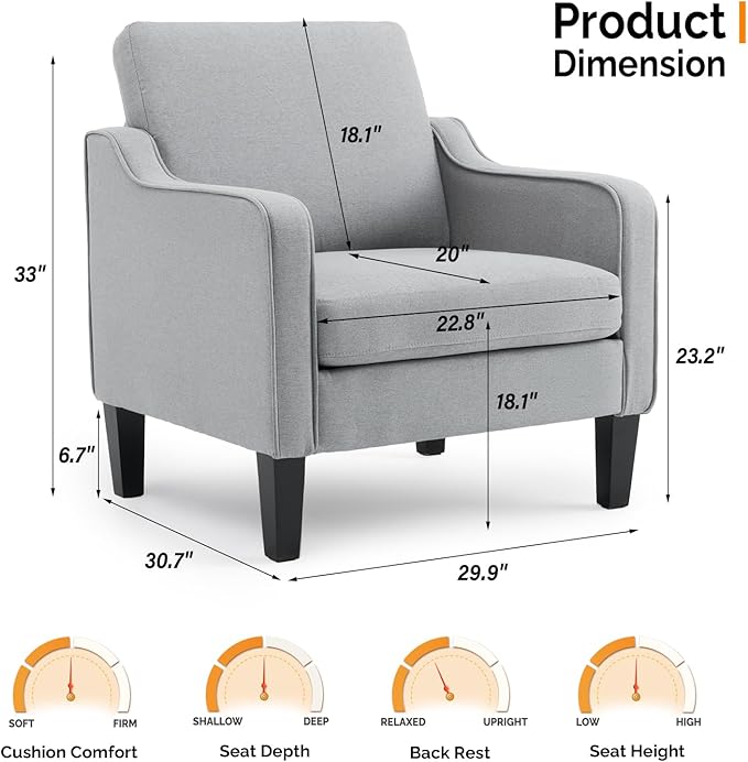 VINGLI Mid Century Modern Accent Chair, Light Grey Fabric Accent Chairs - Image 2