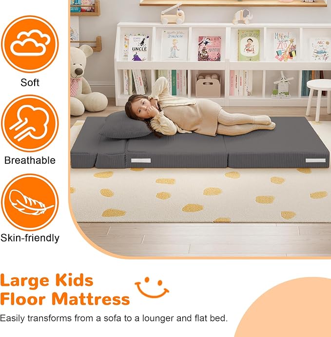 MeMoreCool Kids Folding Sofa Chair – Corduroy Floor Futon, Tri-Fold Mattress - Image 4