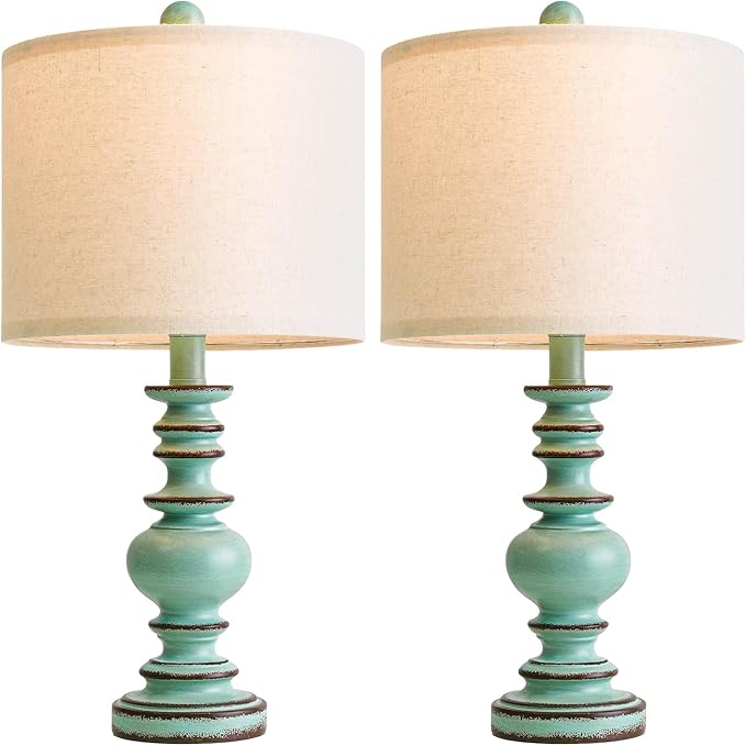 BOBOMOMO 20" Distressed Teal Bedside Lamps Set of 2, Hand-Painted Vintage Resin - Image 6