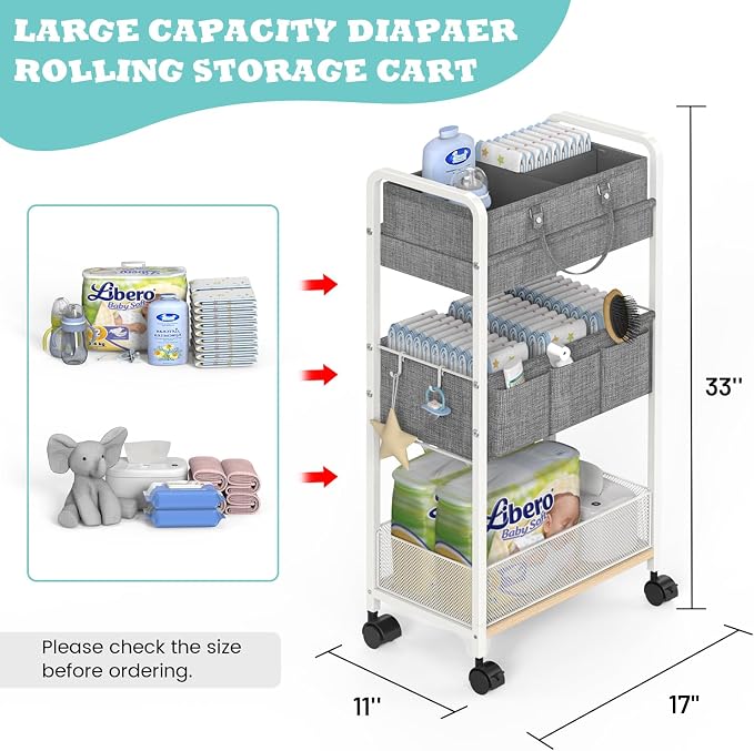 2In1 Baby Diaper Caddy & 3-Tier Rolling Diaper Cart, Diaper Caddy Organizer Cart - Image 2