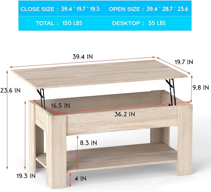 FDW Lift Top Coffee Table with Lift Tabletop Hidden Compartment and Storage - Image 3