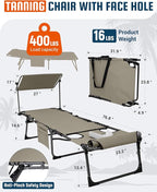 KingCamp Lounge Chair with face Hole & Canopy Shade, 400LBS Folding Portable - Image 2