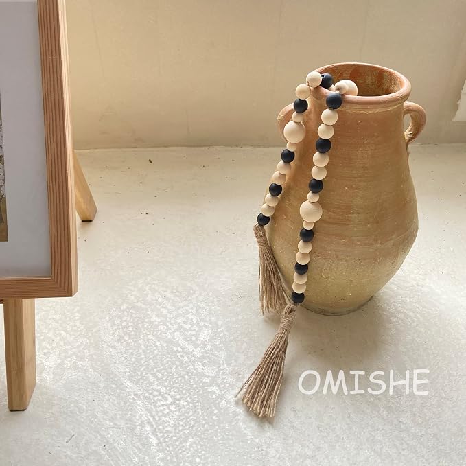 OMISHE Wood Bead Garland with Tassels 61 Inches, Boho Farmhouse Wooden - Image 3
