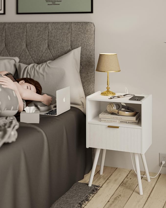 JOONEE White Nightstand with Outlet, Modern Bedside Table with Storage Drawer - Image 3