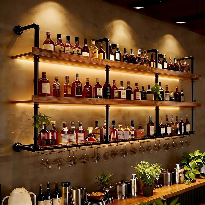 Wall Mounted Wine Rack with LED Lights, 3-Tier Industrial Wood Floating Shelves by flowercart