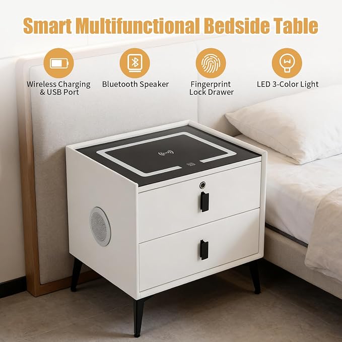 Smart Nightstand with Charging Station, Adjustable LED, USB Ports, Fingerprint - Image 3