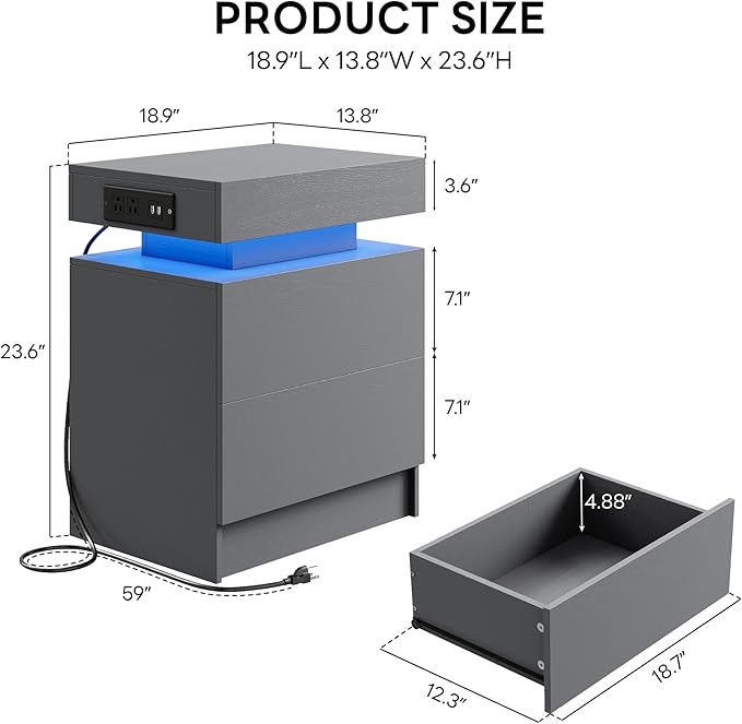 LIKIMIO Night Stand with Charging Station, Modern Grey Nightstand with LED - Image 2