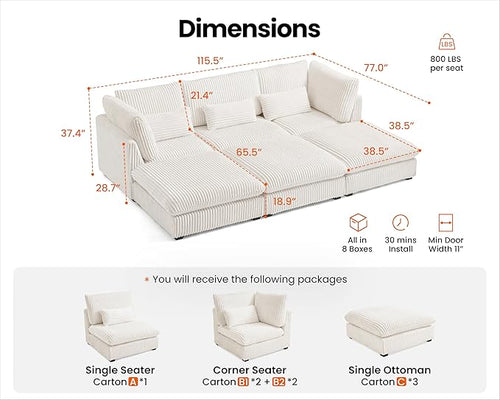 115" Oversized Corduroy Couch Modular Sectional Sofa, Washable Cloud Couch - Image 2