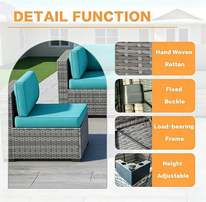 MOCHITO 5 Pieces Outdoor Patio Furniture Sets, All-Weather Sectional Sofa Grey - Image 6
