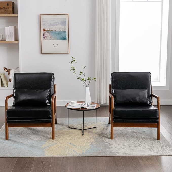 Mid Century Modern Accent Chairs Set of 2 Living Room- Comfy Wood Arm Chair - Image 4