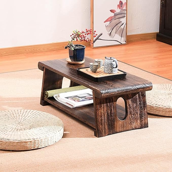 Solid Wood Vintage Folding Japanese Tea Table, Foldable Low Table, 2-Tier - Image 2
