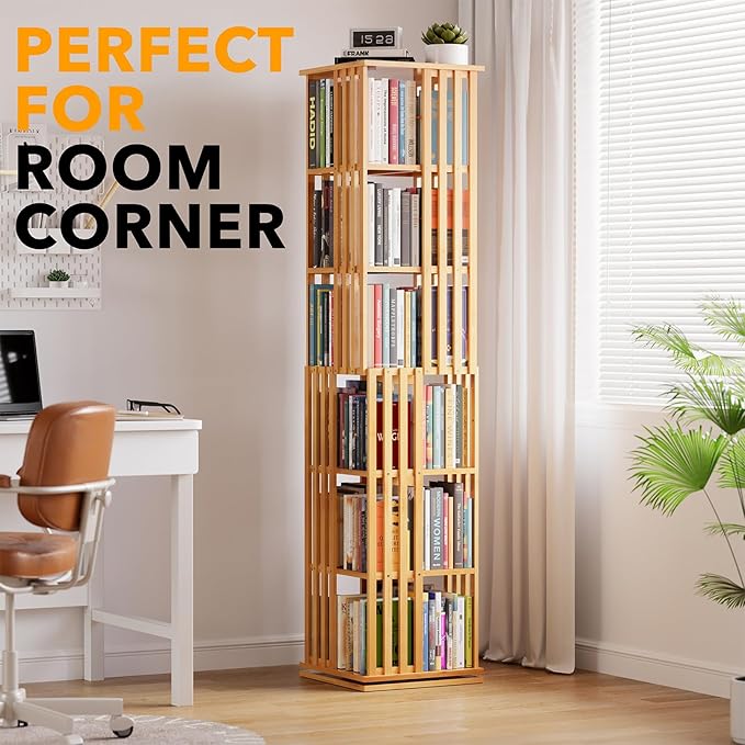 SpaceAid 6 Tier Rotating Bookshelf Tower, Bamboo Spinning Book Shelf, Revolving - Image 5