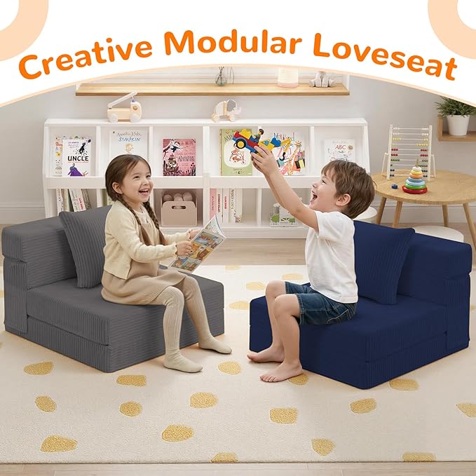 MeMoreCool Kids Folding Sofa Chair – Corduroy Floor Futon, Tri-Fold Mattress - Image 6