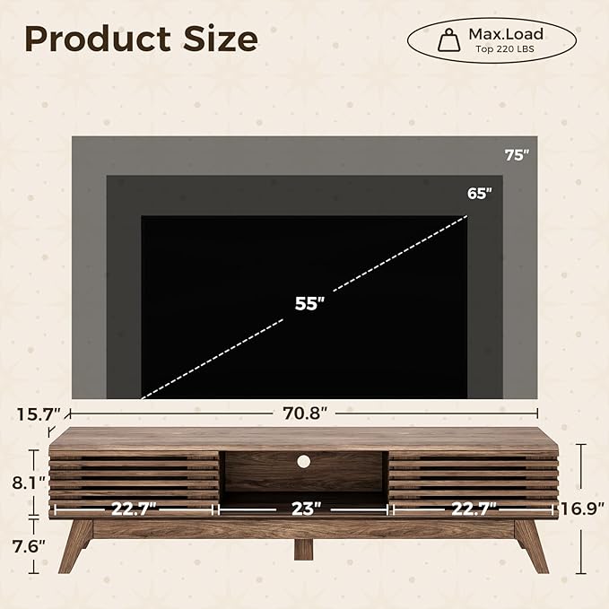 AODK 70.8" TV Stand for 55"/65"/75" TVs, Mid-Century Modern Fluted - Image 3