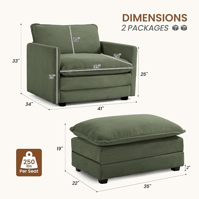 ROWHY Single Armchair with Ottoman, Modern Corduroy Cloud Couch with - Image 2