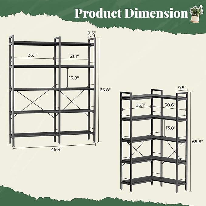 Huuger 5 Tier Bookshelf, L Shaped Corner Bookshelf - Image 2