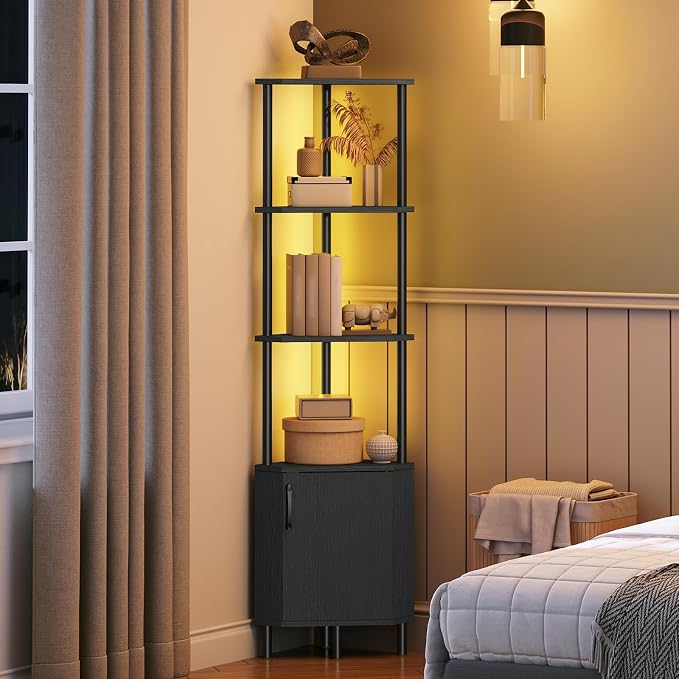 HOOBRO Corner Cabinet with LED Light, Corner Shelf Stand with Storage and Doors - Image 9
