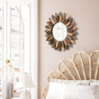 Emfogo Wall Mirror 12 inch Rustic Wood Sunburst Boho Mirror Farmhouse Wall - Image 2