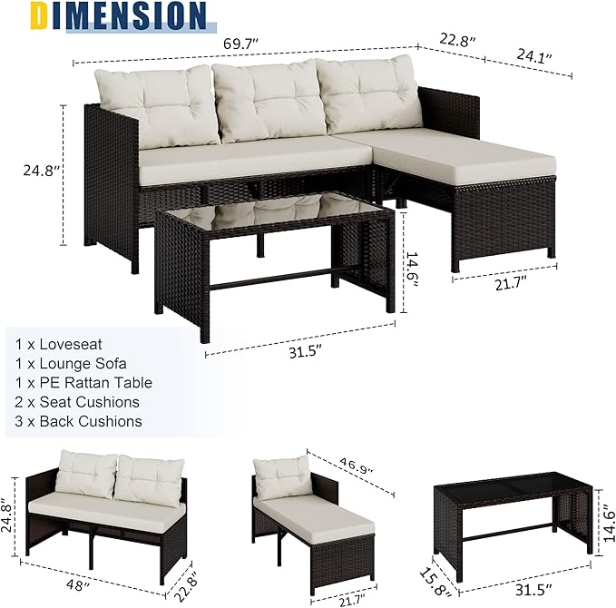 Vongrasig 3 Piece Patio Furniture Sets, All-Weather PE Wicker Outdoor Sofa - Image 3