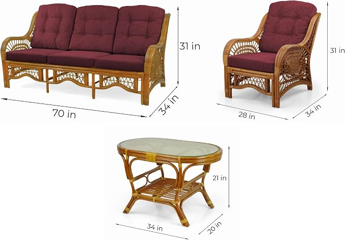 Malibu Lounge Set of 4: 2 Natural Rattan Wicker Chairs, Three-Seater Sofa - Image 5