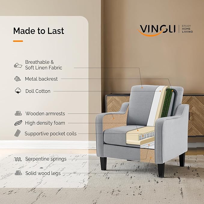 VINGLI Mid Century Modern Accent Chair, Light Grey Fabric Accent Chairs - Image 9