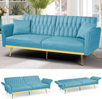70” Velvet Futon Sofa Bed with 2 Pillows and Adjustable Armrests, Convertible by ACMEASE