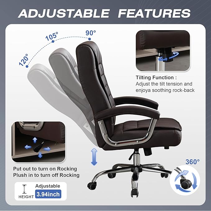 Executive Office Chair Adjustable Leather Chair High Back Swivel Office Desk - Image 4