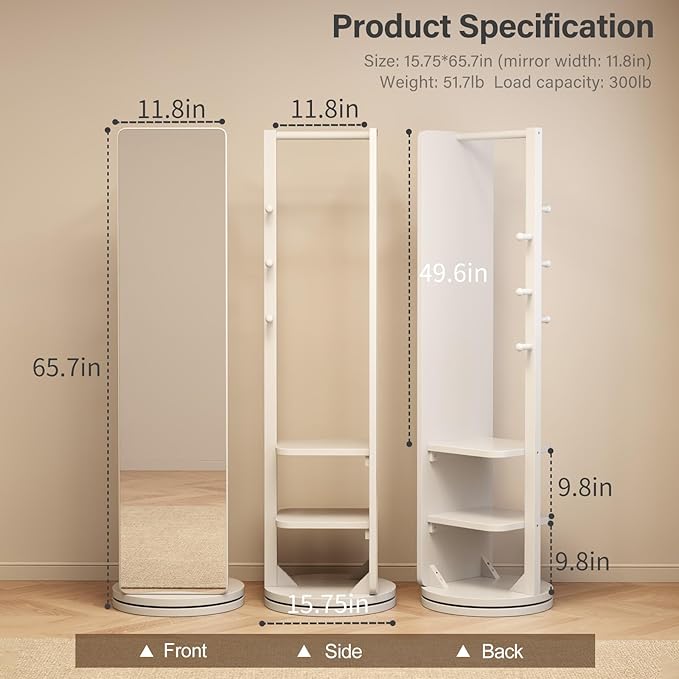 WoodsWhisper Full Length Mirror Coat Rack Solid Wood Floor Mirror 66"x12" Full - Image 9