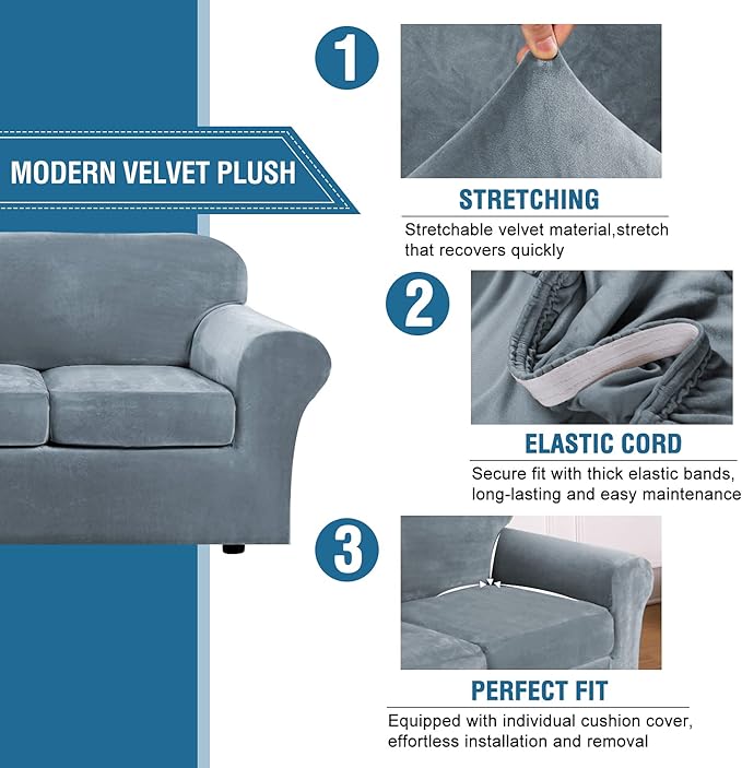 H.VERSAILTEX Velvet 4 Piece High Stretch Sofa Slipcover Cover Furniture - Image 3