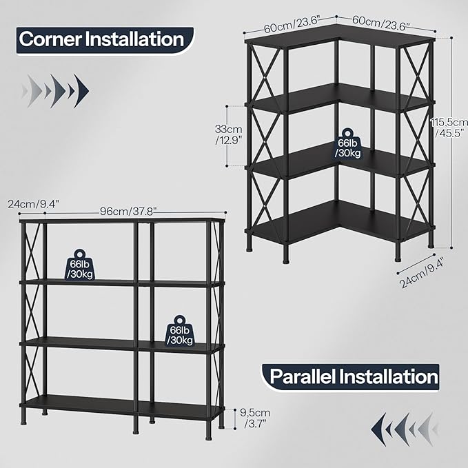 HOOBRO Corner Bookshelf, 4-Tier L-Shaped Bookcase, Industrial Open Display - Image 2
