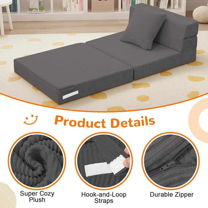 MeMoreCool Kids Folding Sofa Chair – Corduroy Floor Futon, Tri-Fold Mattress - Image 7