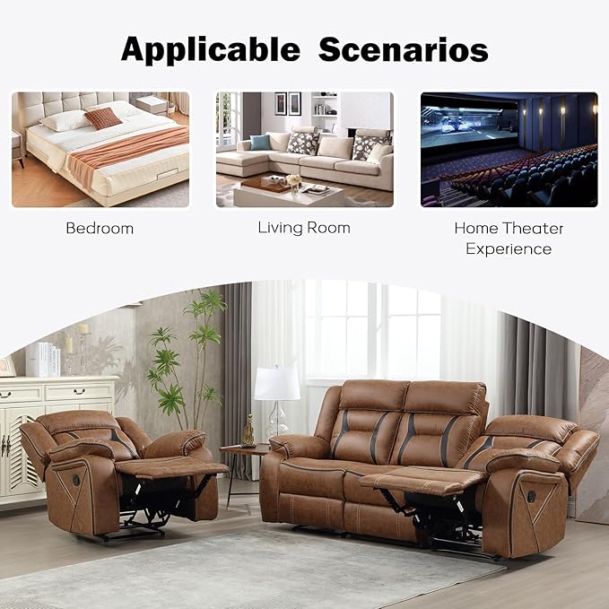 EBELLO Manual Recliner Sofa Set, Faux Leather Reclining Living Room Furniture - Image 6