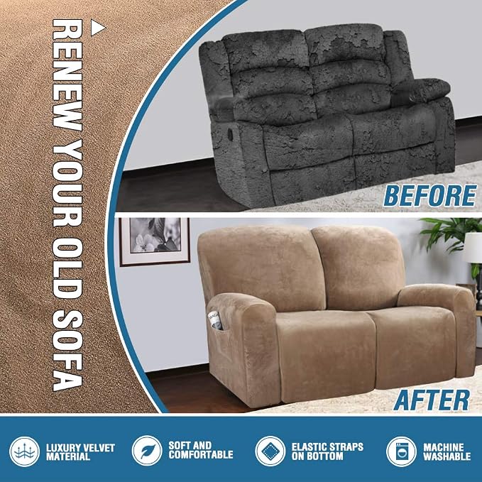 H.VERSAILTEX Velvet Stretch Recliner Couch Covers 6-Pieces Recliner Loveseat - Image 5