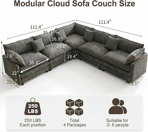 111.4" V-Shaped Corner Couch Sectional｜5 Seat Customizable Modular Cloud - Image 2