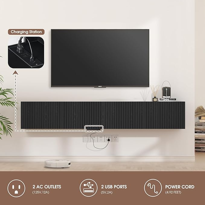 71” Floating TV Stand with LED Lights & Charging Station, Floating Media - Image 6