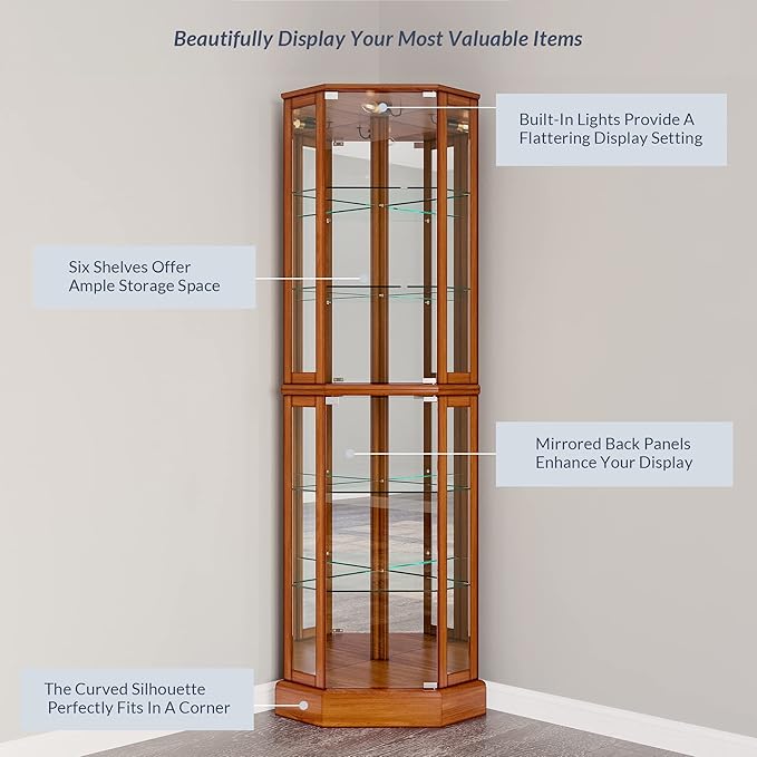 BELLEZE Lighted Curio Cabinet Corner Display Case - Image 5