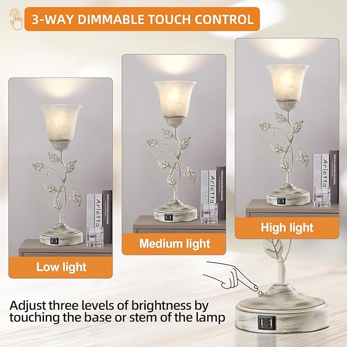 Rustic Touch Table Lamp for Bedroom, 3-Way Dimmable Nightstand Lamp - Image 3