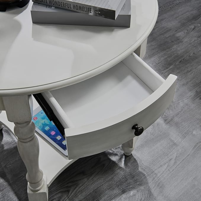 Oval End Table with Drawer, Solid Wood Sofa Side Storage Shelf, Traditional - Image 5
