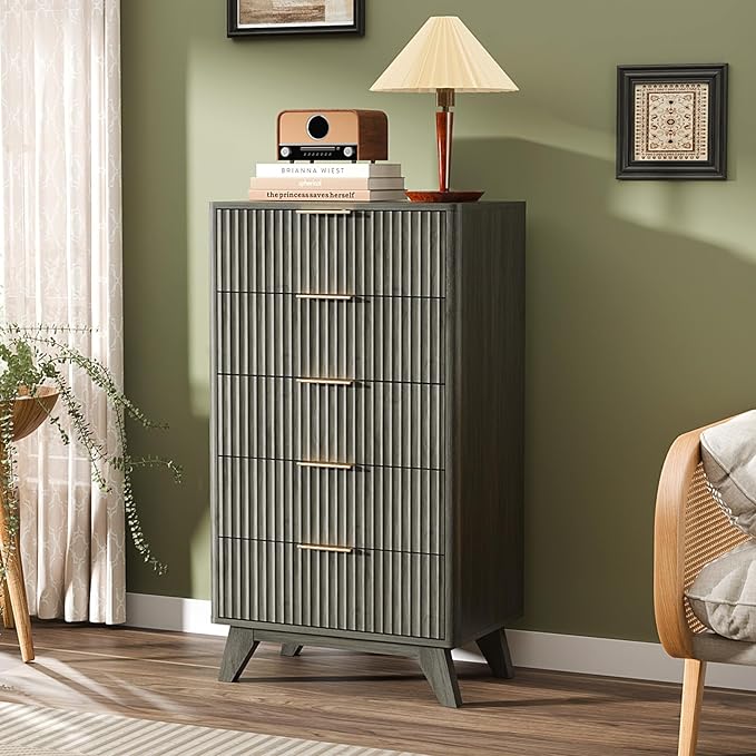 VINGLI Fluted Tall Dresser 5 Drawer, 23.66" W Chest of Drawers Gray Wood Dresser - Image 6
